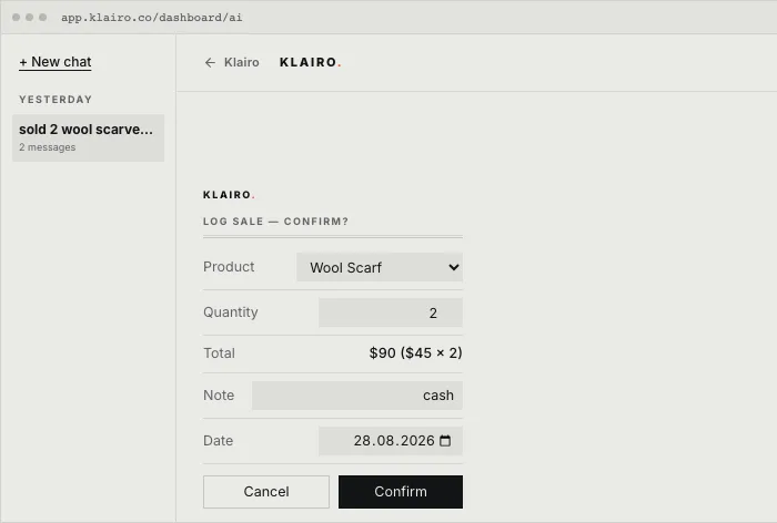 The assistant confirming a logged sale: product, quantity, total and note, before saving.
