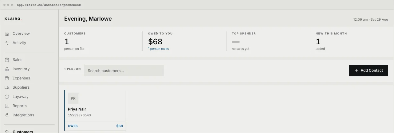 The Customers screen showing one contact with an outstanding balance.