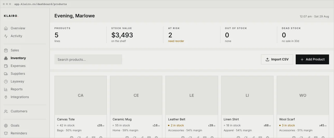 The Inventory screen: stock value, at-risk count, and per-product stock with low-stock flags.